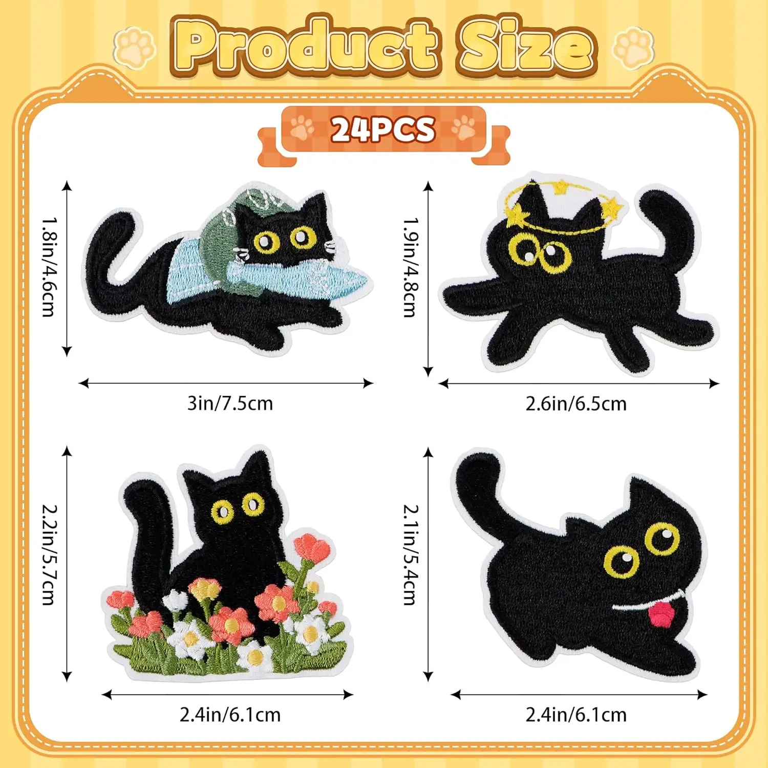 24PCS Black Cat Patches Cute Cat Iron On Patches for Clothes Fabric Backpacks Hat Funny Kawaii Cartoon Embroidered Patch Stitch
