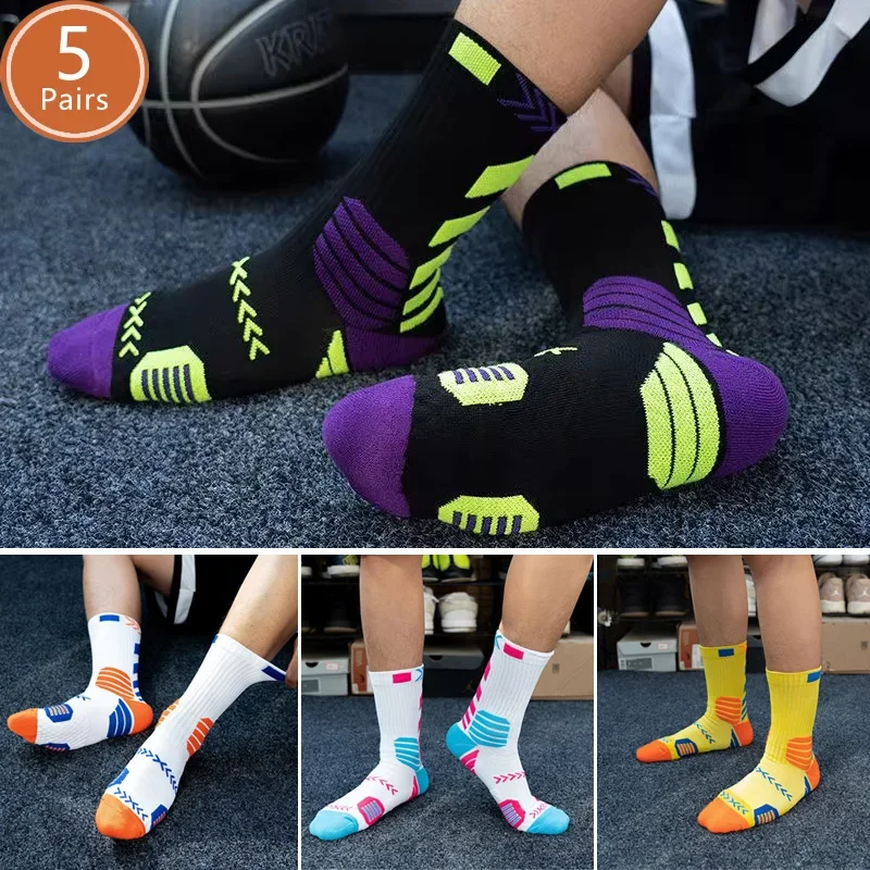 

5 Pairs Sport Basketball Socks Mans Compression Sweat-Absorbing Breathable Fitness Cycling Bike Run Crew Terry Socks boy Damping