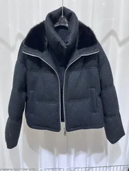Luxury mink fur patchwork wide fur collar warm thick coat warm wool knitted solid color down jacket winter new women's clothing