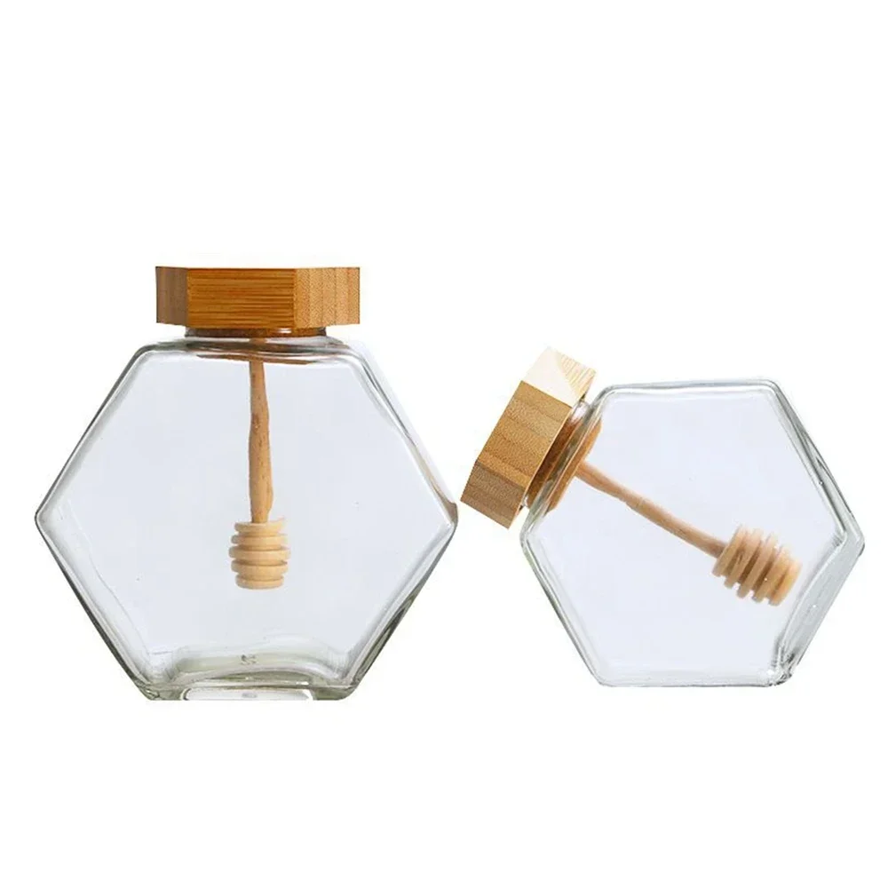 Hexagonal Glass Honey Bottle with Wooden Honey Pot Stirring Rod Sealing Clear Jam Jar Kitchen Home Storage 100/220/380ML