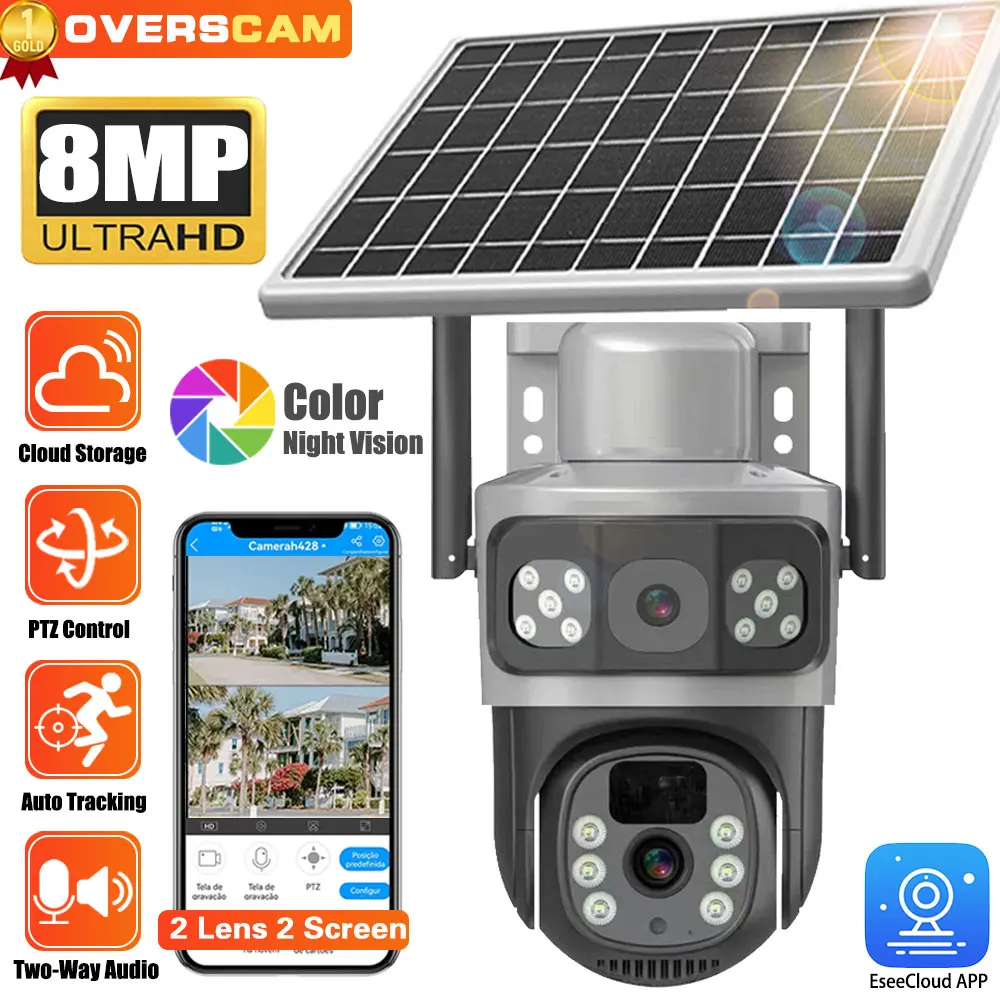 

4K 8MP WiFi Solar Battery Camera 128G Card Dual Lens Dual Screen Outdoor Security Protection PTZ Cam PIR Human Detection CCTV