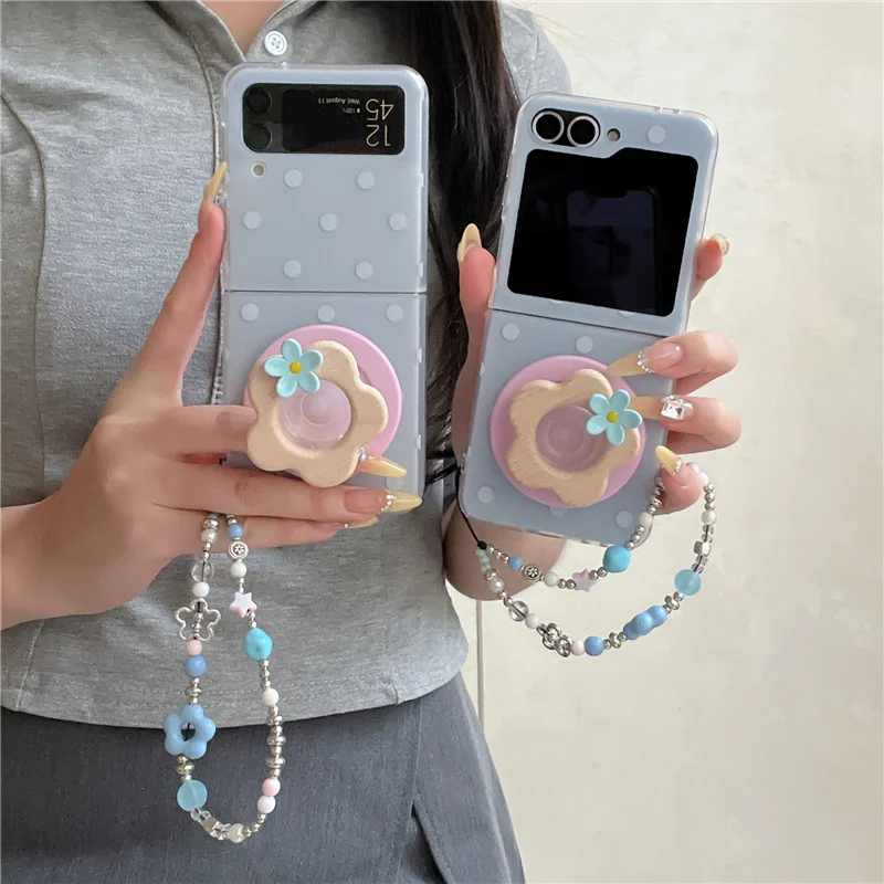 

Корейский магнитный чехол с милой цветочной подставкой для телефона Samsung Galaxy Z Flip 7 6 5 4 3 Flip5 Flip6 с цепочкой для чехлов Magsafe