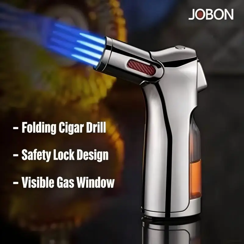 JOBON Four Flame Cigar Lighter Bottom Cigar Rigger Design Security Latch Transparent Gas Window Strong Windproof Flame