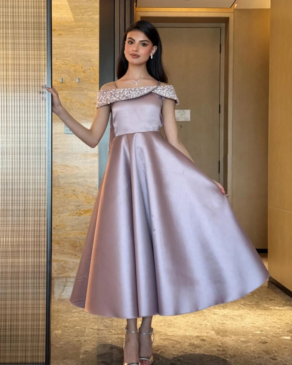 Customized Elegant Women Charmeuse Beading Ruched A-Line Evening Dress Classic Off-the-shoulder Sleeveless Ankle Length Dresses