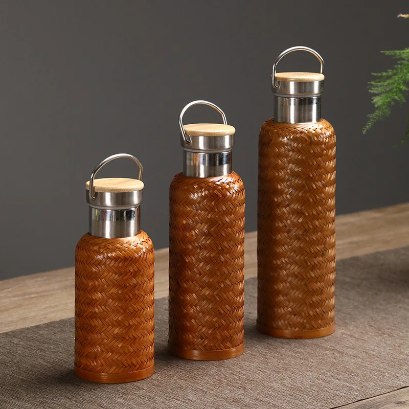 

350/500/750ML Thermos Cup With Handle,Hand-woven Bamboo Shell,Stainless Steel Inner Liner,Retro Drinkware,Travel Water Bottle