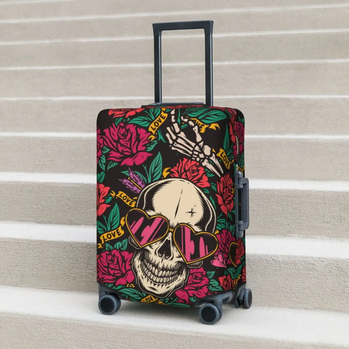 Funda para maleta con estampado de calaveras de amor, Protector elástico para accesorios de equipaje, vacaciones, día de San Valentín, viaje en