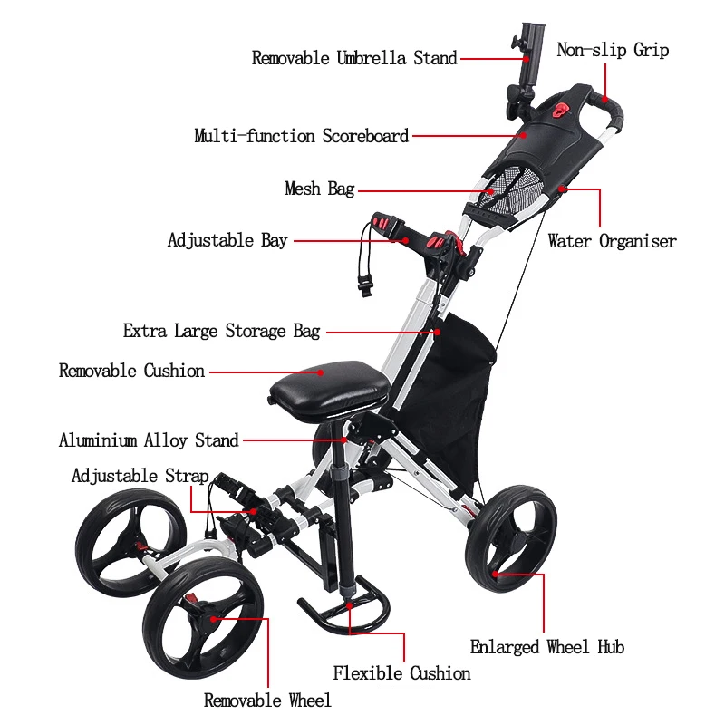 Hoge Kwaliteit Lichtgewicht Aluminium Opvouwbare Golf Trolley 4 Wielen Golf Push Pull Kar Met Stoel