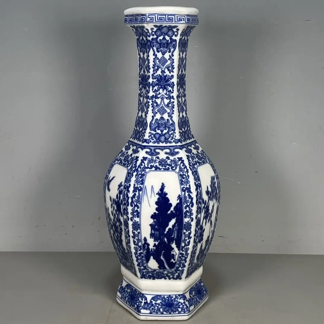 Collectible Antique Porcelain, Qianlong Period Blue and White Floral Pattern Hexagonal Appreciation Vase