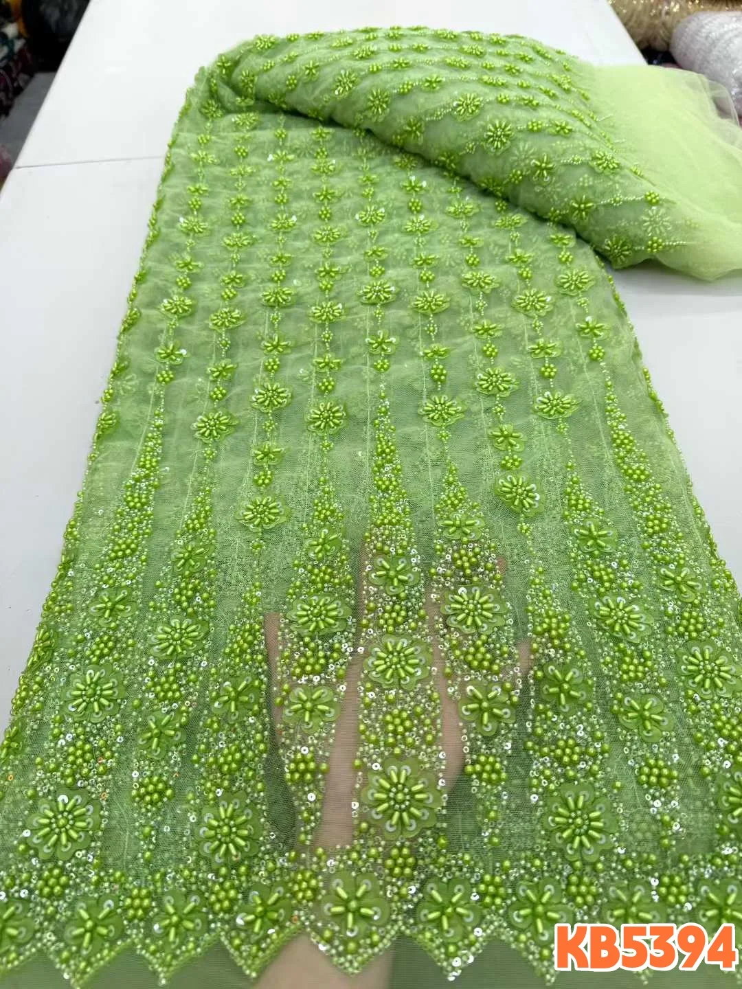 

Новинка 2026: Африканское кружево с бисером и пайетками, тюль цвета Оливер Грин для женских вечерних платьев, ткань для шитья KB5394