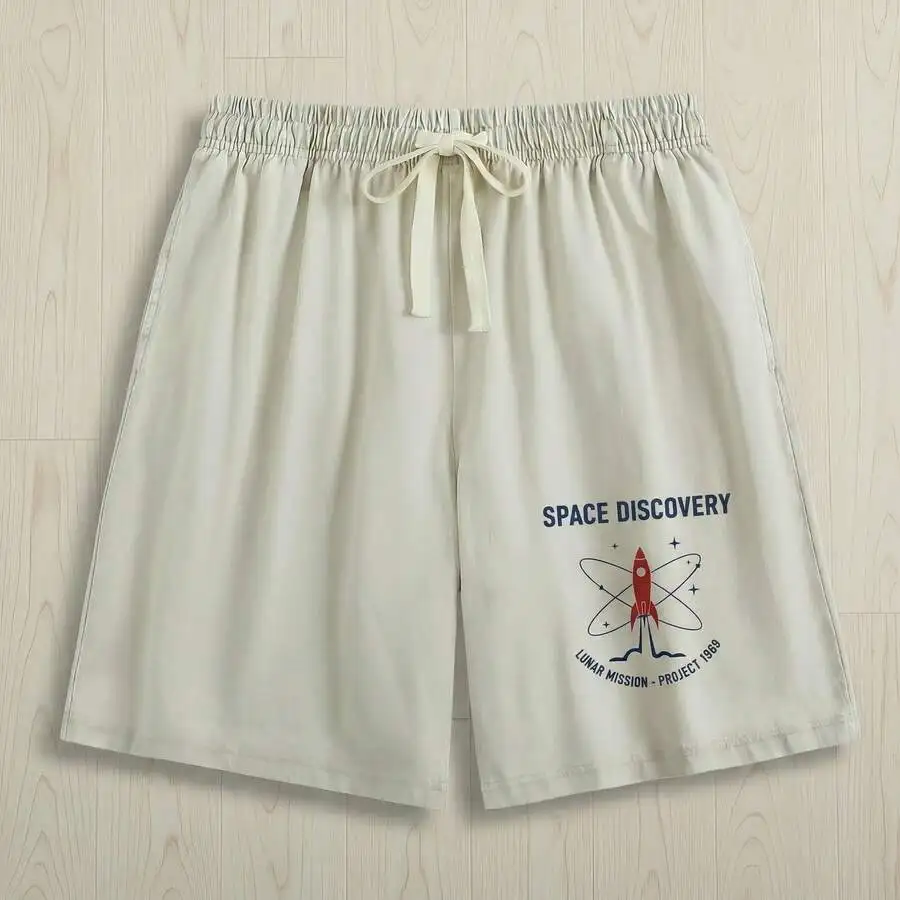 Mens Vintage Space Print Drawstring Loose Casual Shorts