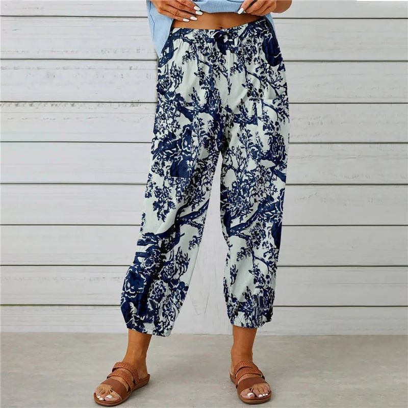 Leichte Damenhose mit elastischem Bund und Knöchelbündchen, bedruckt, bequem für den Alltag und den Urlaub – Detail 9