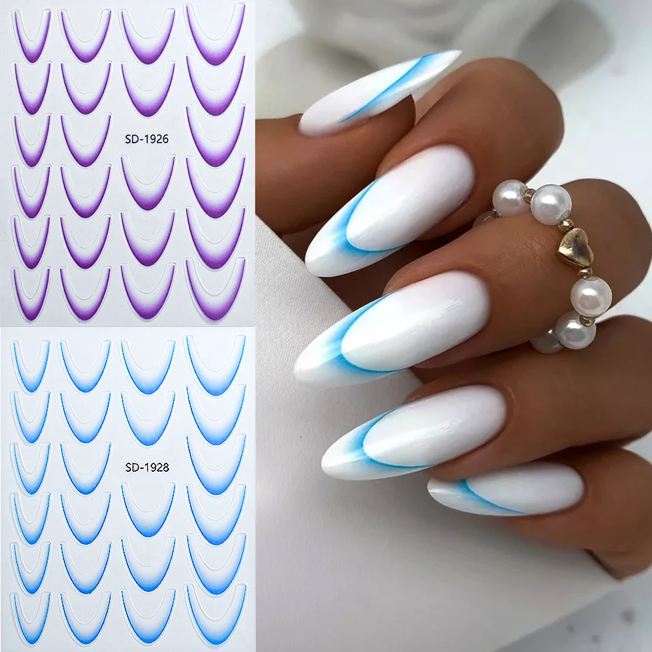 Purple Blue French Line Tips Nail Stickers Decals Gradient Wave Stencil Manicure Guides 3D Adhesive Sticker Nail Art Decorations