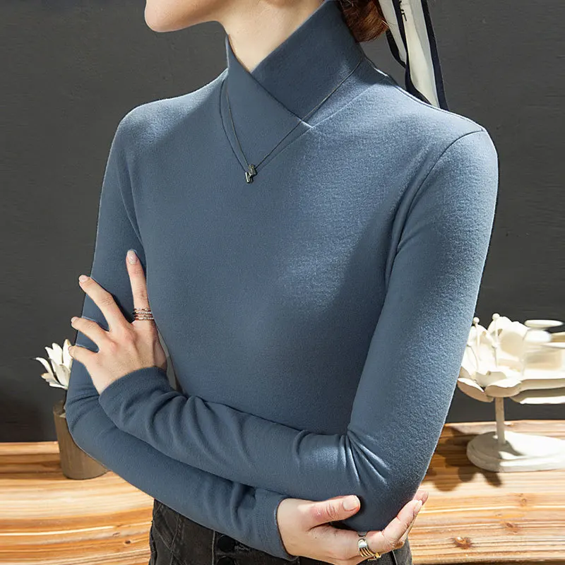 Autumn Winter T-Shirt & Blouses Fleece Turtleneck Bottoming Korean Simple Casual Elegant Long Sleeve Tops Women Warm Thick Basic