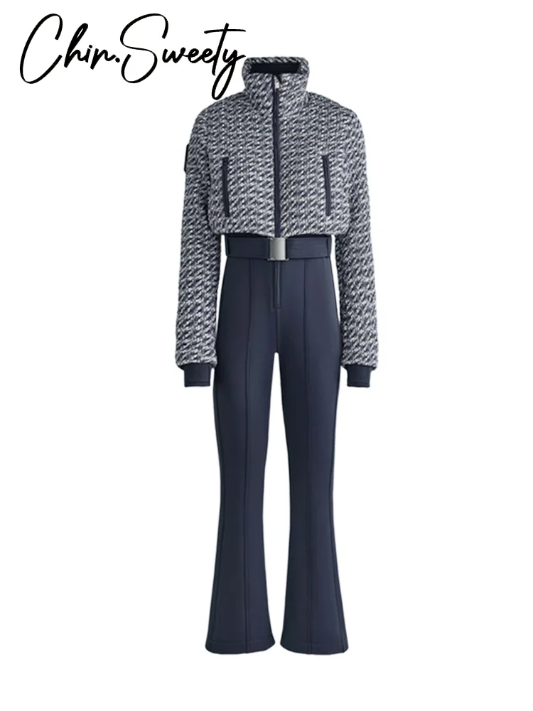 

Elegant Print Thicken Ski Jumpsuit Women Full Sleeve Stand Collar Zipper Belt Long Romper Fashion Warm High Waist Rompers New