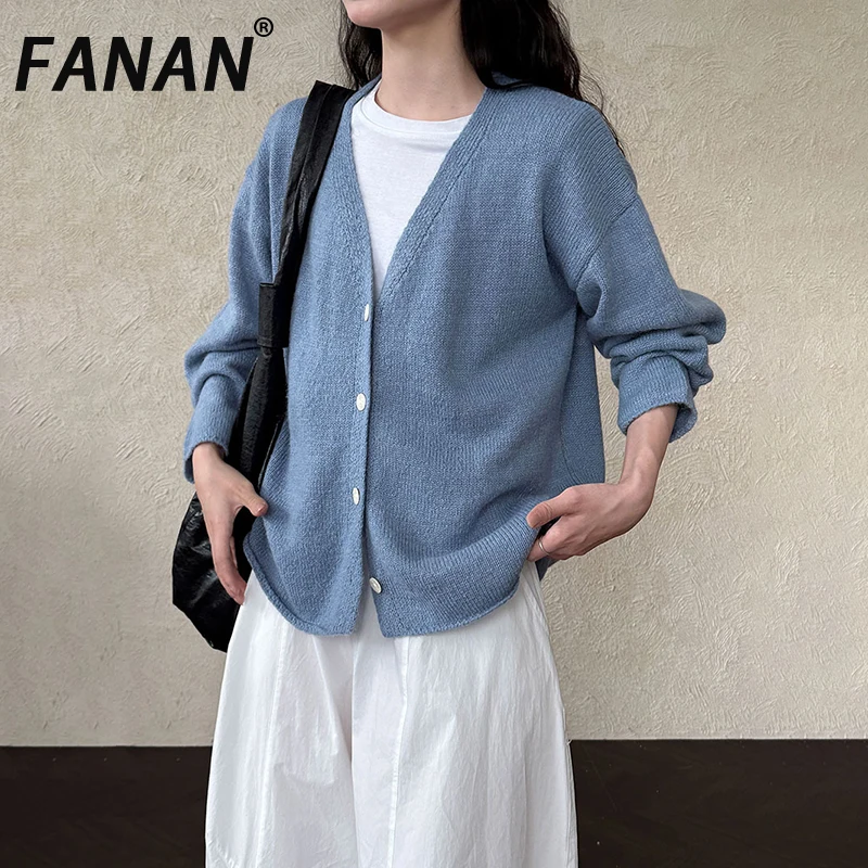 

FANAN модный шерстяной вязаный свитер для женщин с v-образным вырезом, однобортные свободные пальто с длинными рукавами, женские топы, новинка осени 2023 г.