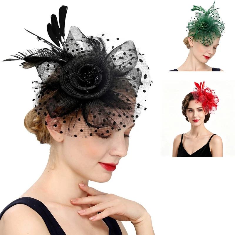 Women Fascinator Hat Polka Dot Feather Flower Cocktail Tea Party Headwear Wedding Bridal Hair Clip Headpiece for Evening Party