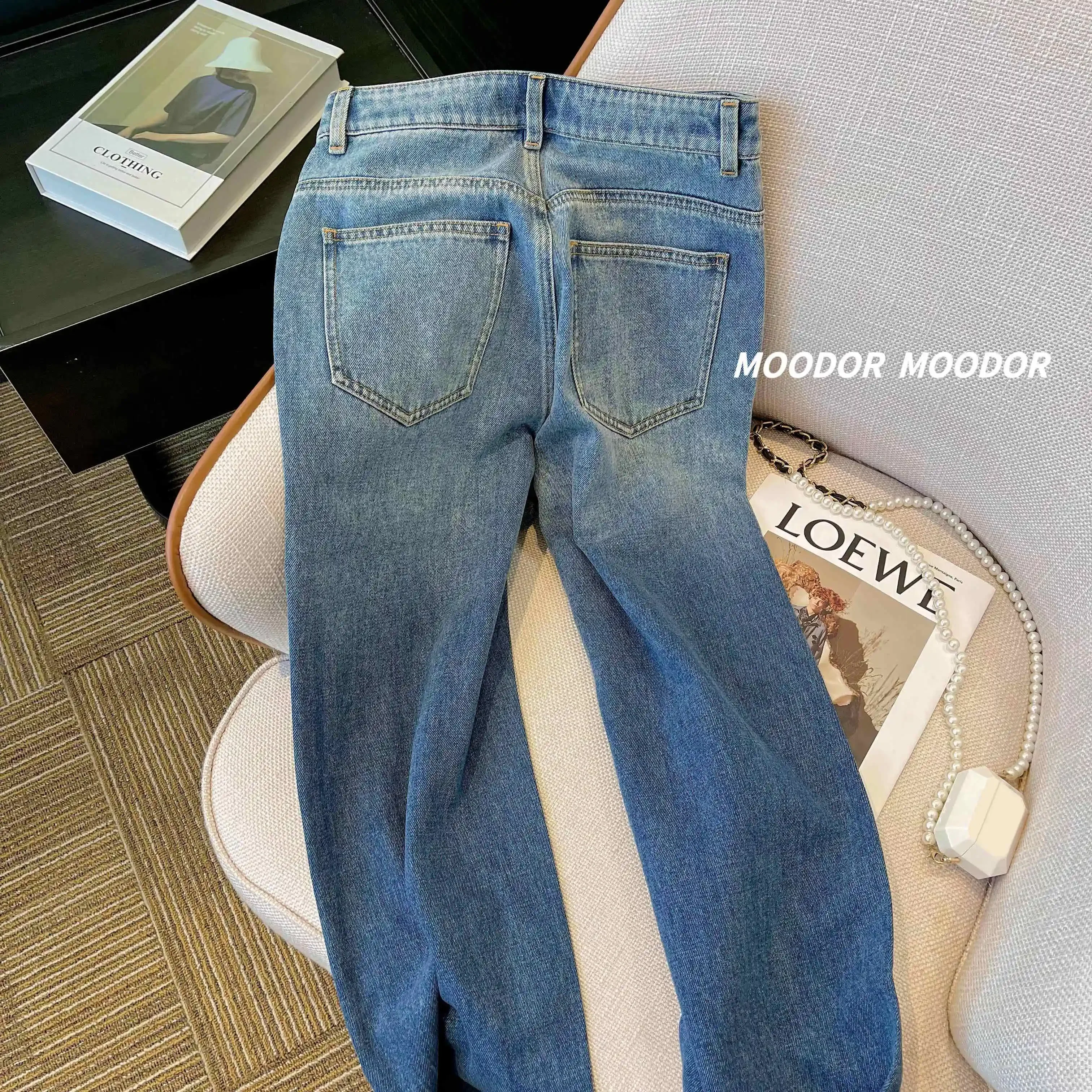 2024 Vintage Dot Print High Waist Wide Leg Baggy Jeans Pants Korean Fashion Women High Street Style Blue Straight Denim Trouser