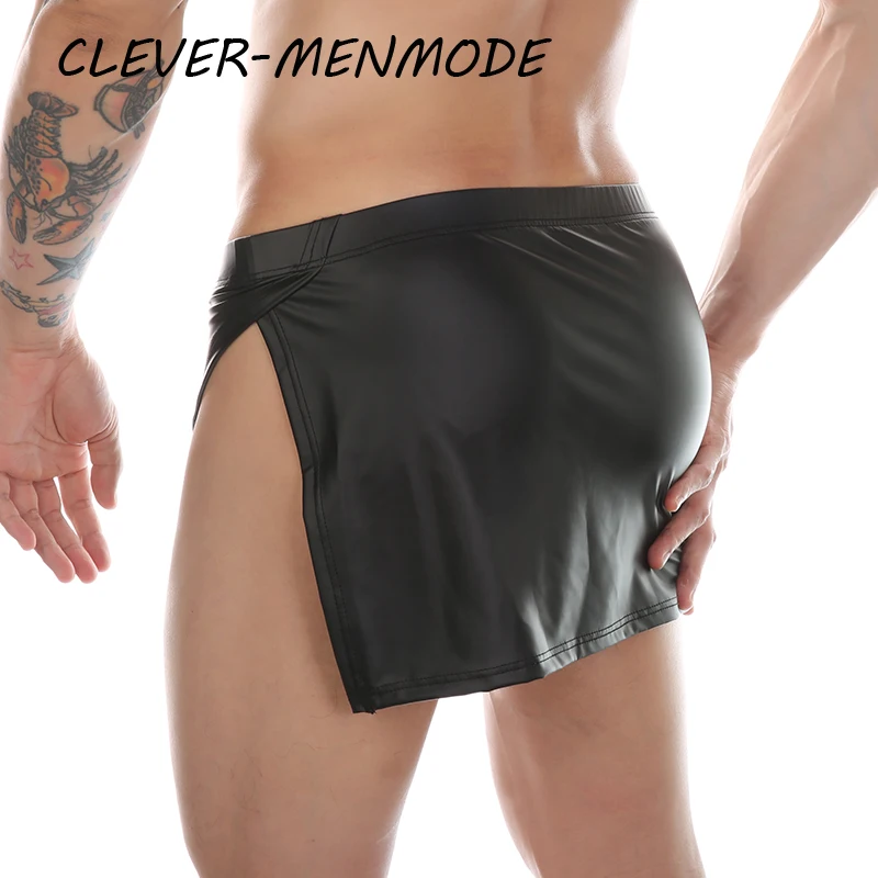 Sexy PU Side Opening Skirt Men\'s Faux Leather Boxer Shorts Elasticity Fashion Mini Slit Skirt Soft Leather Erotic Lingerie