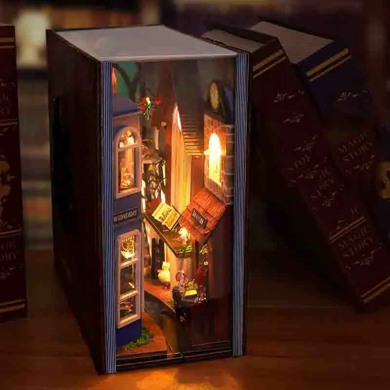 

DIY деревянный книжный уголок, полка, вставка, комплект, домашний кукольный домик, комнатный ящик, миниатюрные подставки для книг, кукольные домики, книжная полка, подарки на день рождения ручной работы