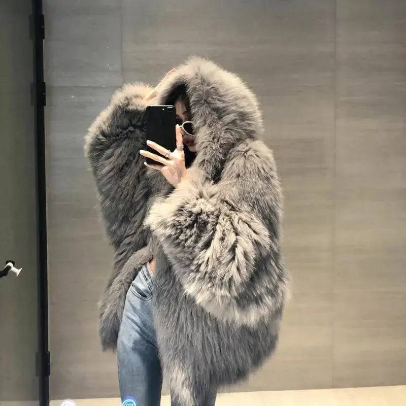 2023 Hooded Faux Fox Fur Coat for Women in Winter, Medium Length, Internet Famous, Young Knitted Faux Fur Plush Coat