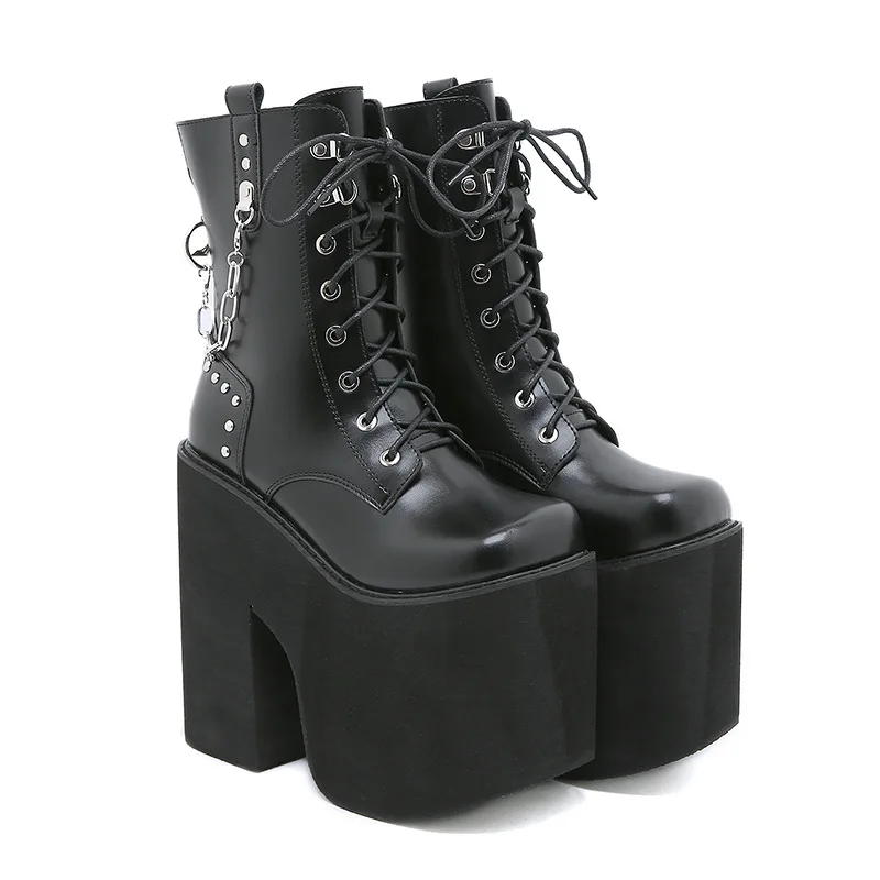 Height 16cm Nightclub Stage Ankle Booties Women Extreme Thick Platform Heel Gothic Punk Shoes Girls Sexy Chain Party Boot