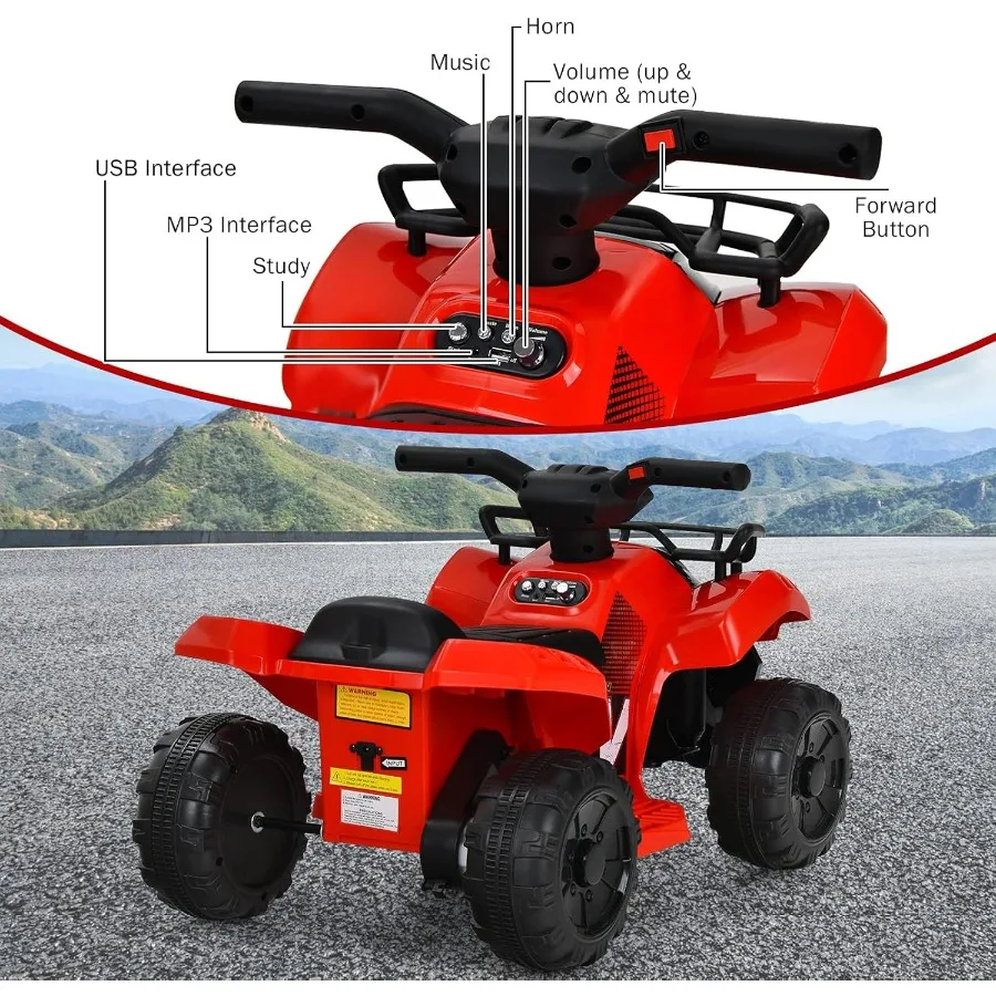 ATV 6V Veicolo elettrico alimentato a batteria Quad a quattro ruote con cestino portaoggetti Faro Corno Musica MP3 e USB Bambino 4 ruote R