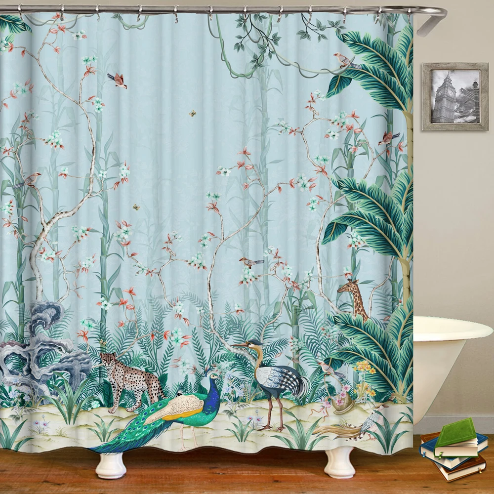 Chinese waterproof flower and bird tree printing pattern shower curtain bathroom decoration    with hook