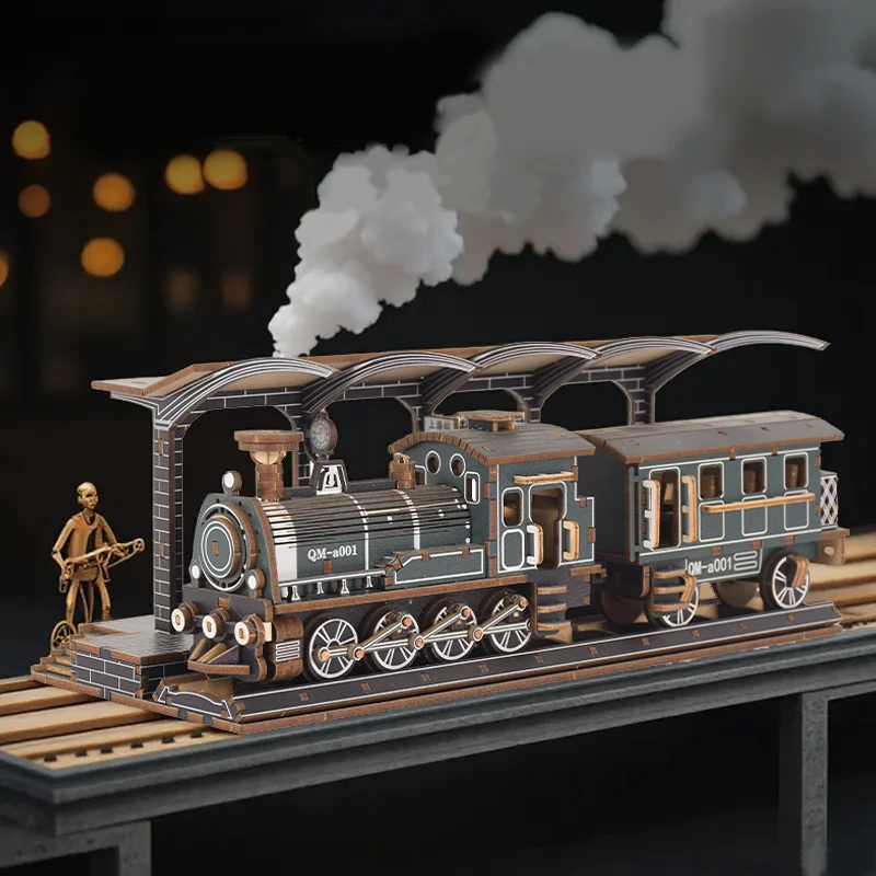 

3D Wooden Puzzle Retro Steam Train Station Car Puzzle Engineering Vehicle Model DIY Handmade Assembly Toys for Children Kids