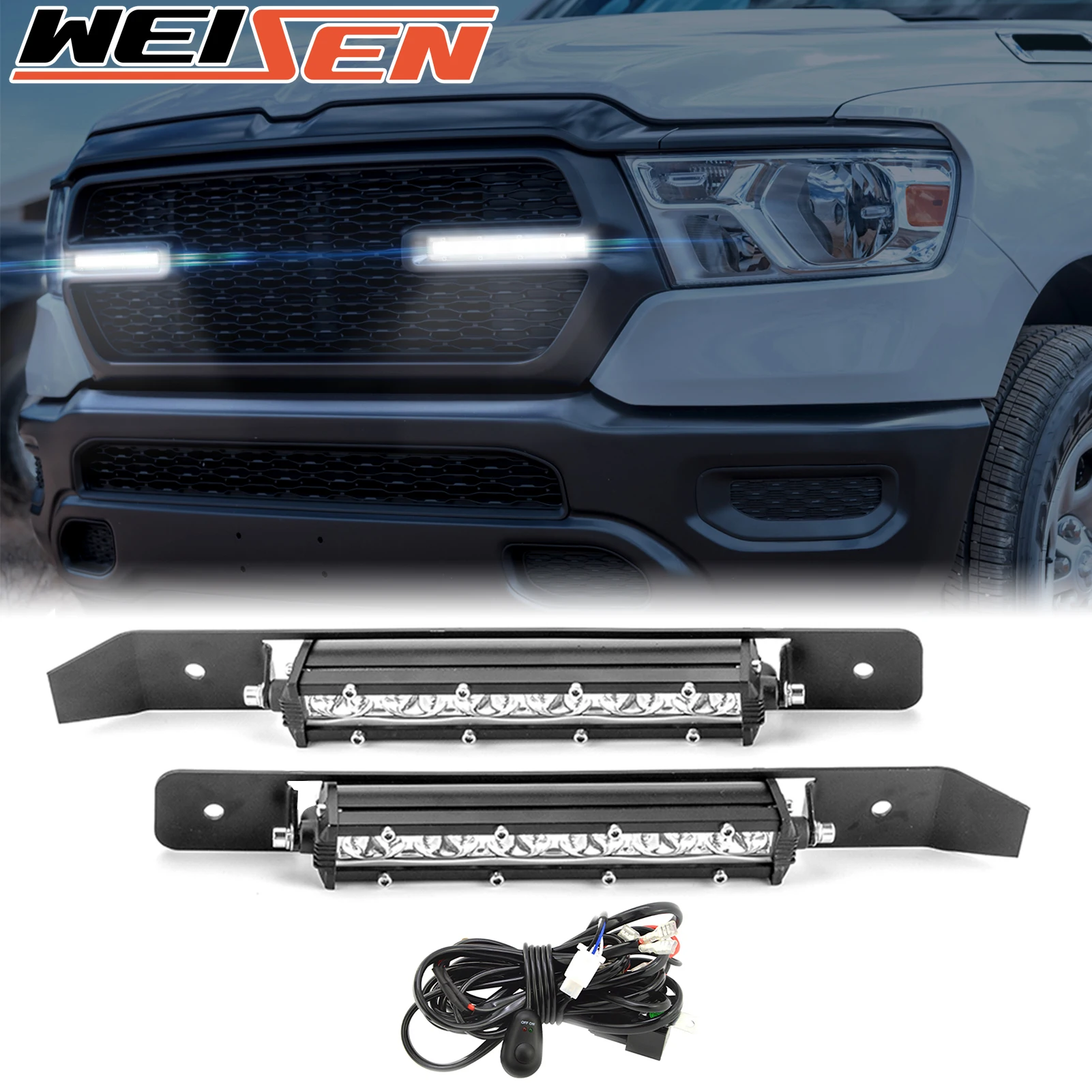 Fit for 2019+ 5th Gen Dodge Ram 1500 2pcs 6in 2800LM Slim Single Row Straight Light Bar Recessed LED Grille Light Kit