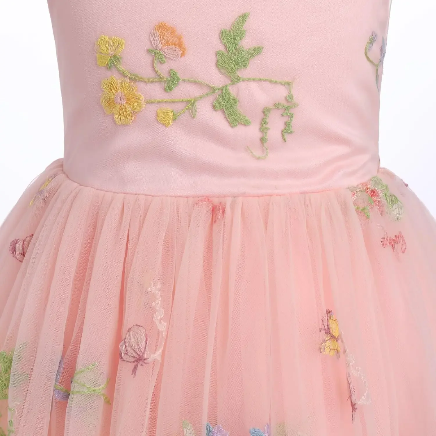 Flower Girl Dress Princess Sleeveless Floral Embroidered Kids Summer Wedding Pageant Birthday Tutu Tulle Dress