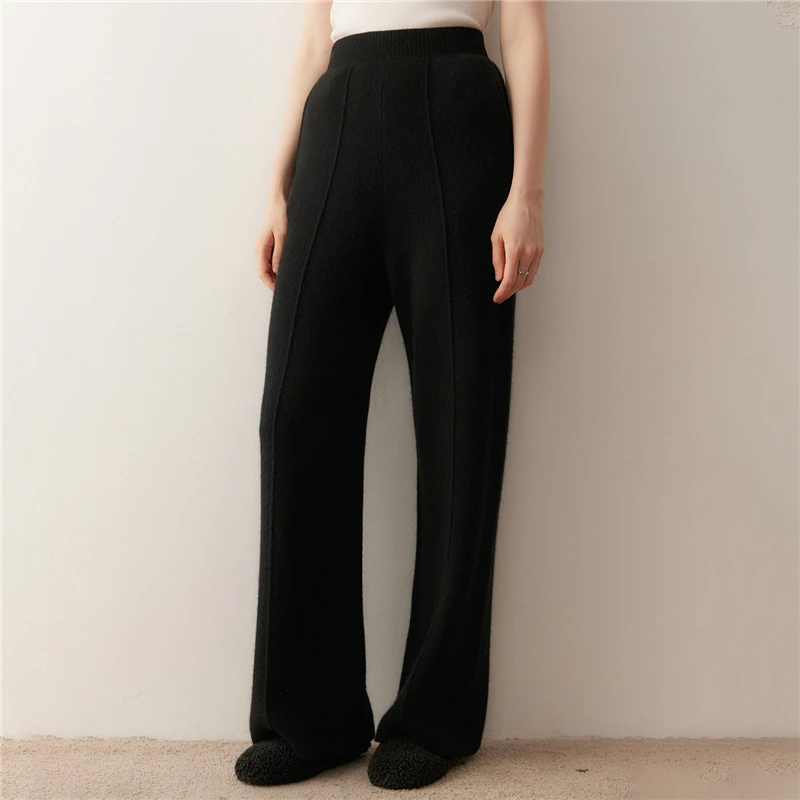 Casual Women's Straight-leg Wide-leg Pants Soft Elastic Waist 100% Cashmere Knitted Fashion Pocket High Quality Warm Bottoms