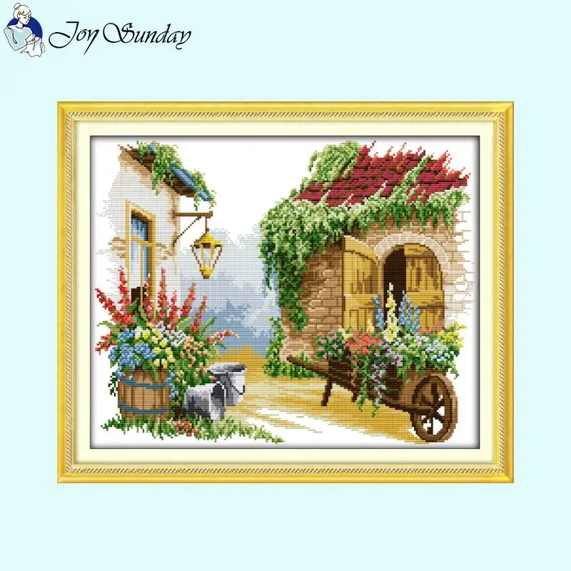 Joy Sunday Flower Cart Scenery Pattern Cross Stitch Kit Aida 14ct 11ct Count Print Fabric Sewing Set DIY Hand Embroidery Crafts