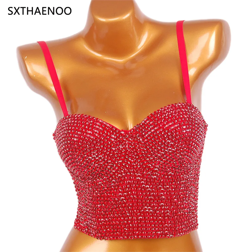 

SXTHAENOO 2024 New Sexy Fully Rhinestone Crop Top Women Camis Night Club Party Corset Crop Top Streetwear Push Up Bustier Bra