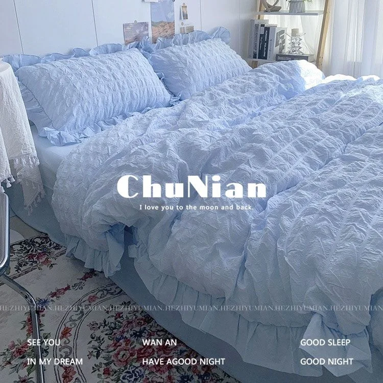 Koreanische Prinzessin Gelb Bettwäsche Set Für Frauen Doppel Rüschen Spitze Bettbezug Volle Königin Einfarbig Komfortable Bettlaken Set – Detail 5