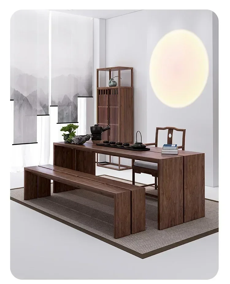 North America Black Walnut Log Making Table Tea Table Tea Table High-End Tea Room Solid Wood Table-Chair Set