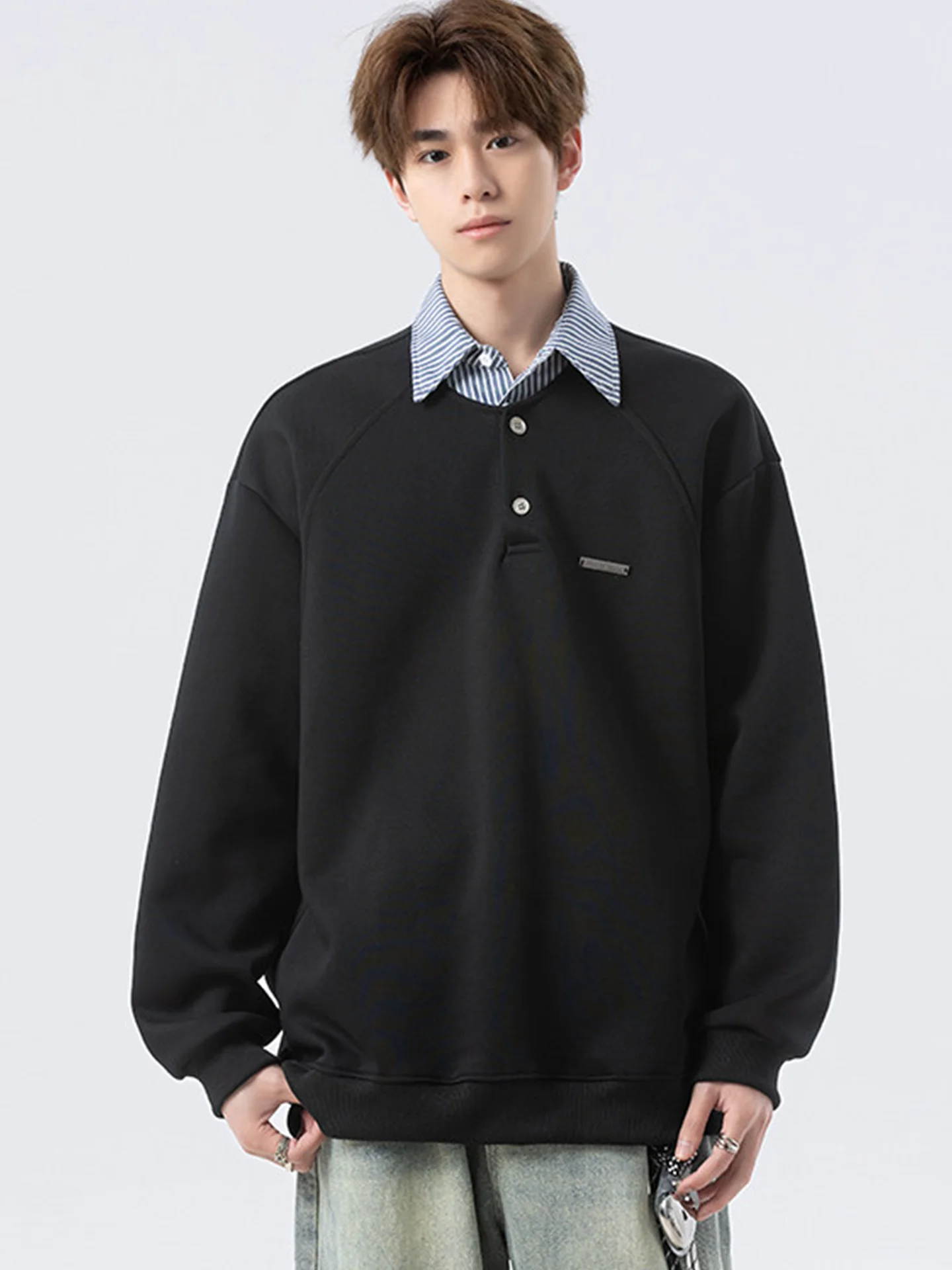 

Мужская толстовка с длинным рукавом и воротником в американском стиле, с лоскутным дизайном и принтом в горошек, повседневный осенний топ, удобный свободный крой