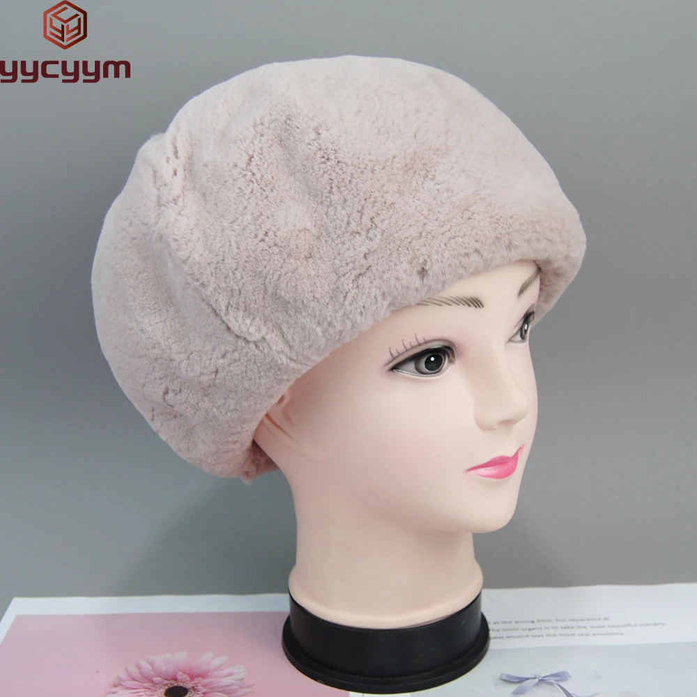 

New Style Lady Beret Caps Knitted Real Rex Rabbit Fur Beanies Hat Women Winter Rex Rabbit Fur Hats 100% Real Rex Rabbit Fur Cap