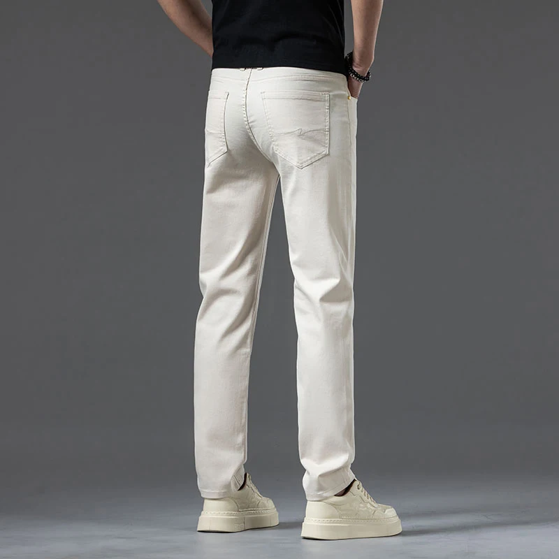 2024 Nieuwe Zomer Heren Dunne Roomwitte Jeans Klassieke Stretch Rechte Denim Broek Zakelijk Mode Katoenen Broek Mannelijk Merk