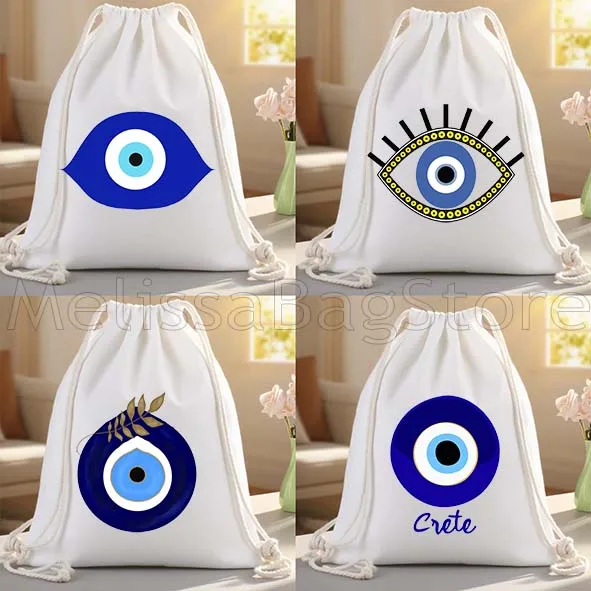 Nazar Good Luck CRETE GREECE Mati Blue Evil Eye Canvas Drawstring Bags Soccer Backpack Gym Sackpack Gifts String Bag for Hiking