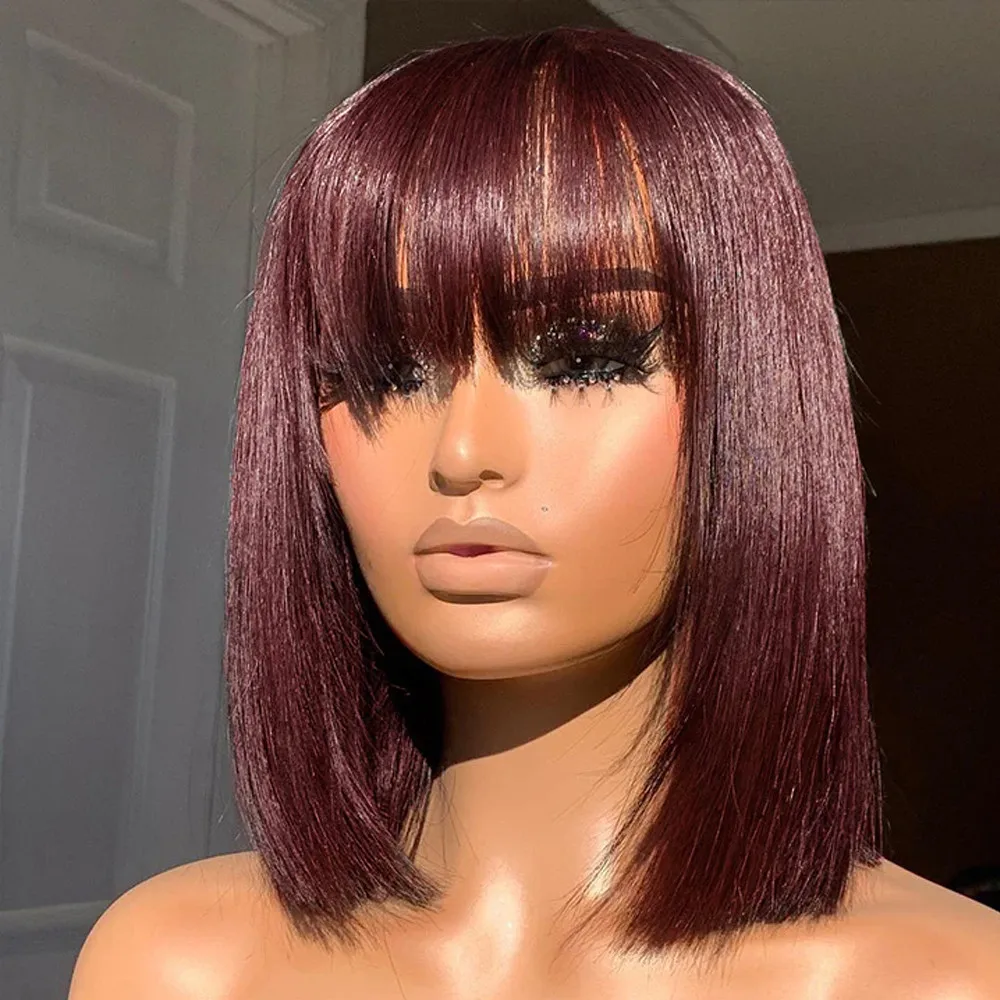 

99J Red Short Human Hair Wig With Fringe Straight Remy Hair Bob Wigs With Bangs Brazilian Short Bob Wigs For Women Colored Wigs