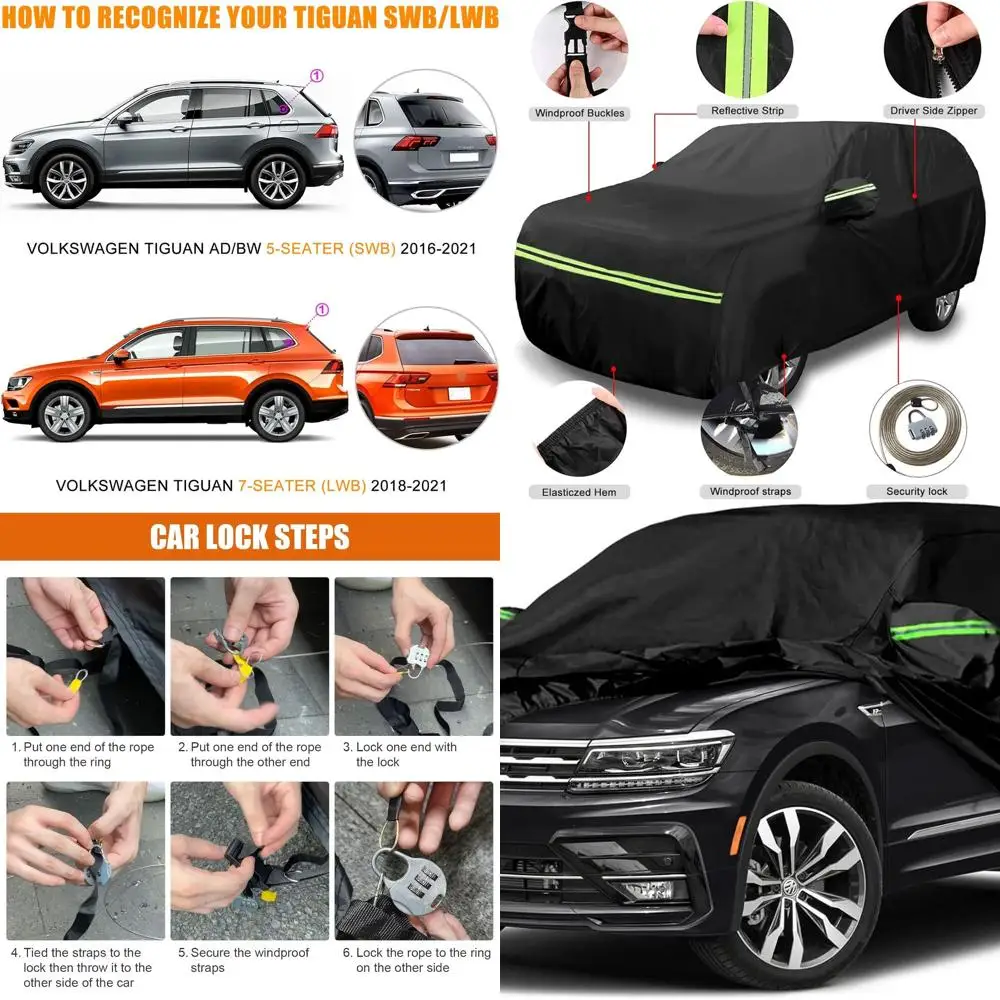 

Custom-Fit 2017-2025 VW Tiguan LWB Car Cover, 6-Layer Weatherproof with Zippered Access & Windproof Bands for Protection Against