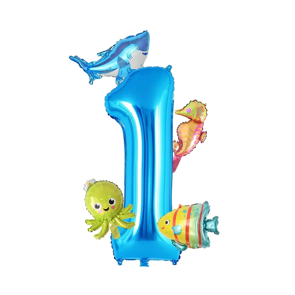5 stücke Mini Meerestiere Luftballons Set 40 zoll Blau Nummer 0-9 Ballon Octopus Seepferdchen Fisch Folienballons Geburtstag Party Dekoration – Detail 3