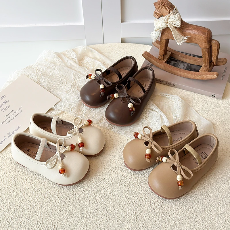 

New Fashion Bowknot Girls Flat Shoes Spring Children's Leather Shoes Sweet Elegant Princess Shoes Kids Elastic Band Soft Bottom
