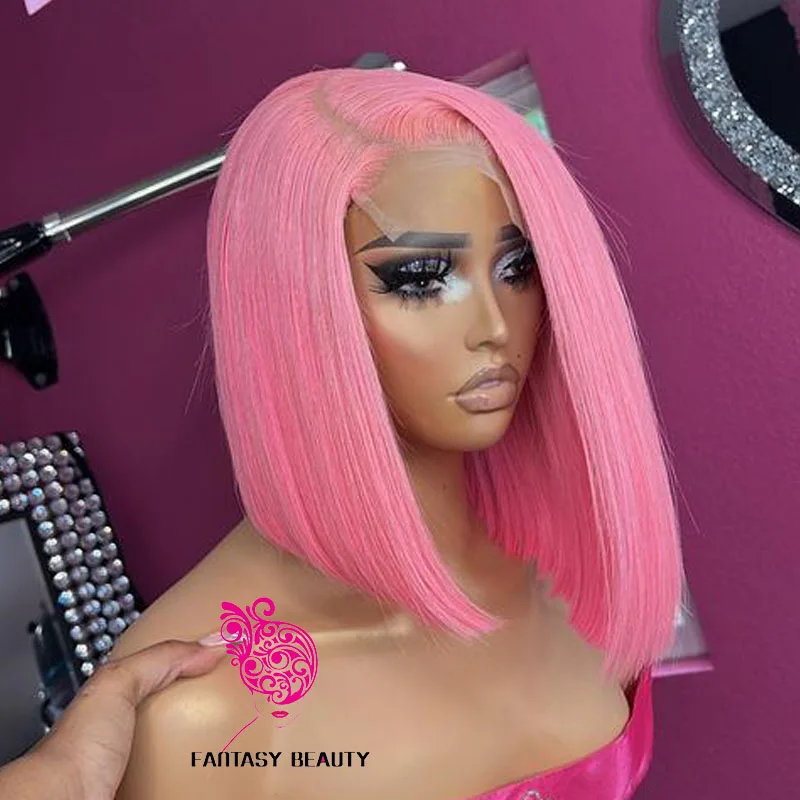 Glueless Short Bob Pink/Grey/613BlondeDark Brown Synthetic Hair for Black Women Transparent 13x4 Lace Front Wigs Easy Daily Wear