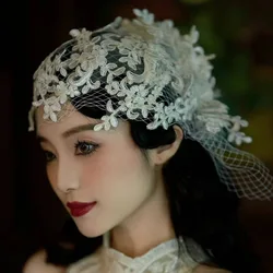 Bridal Headwear Retro Mesh Lace Cap Wedding Veil High-end Aesthetic Outdoor Hair Accessories