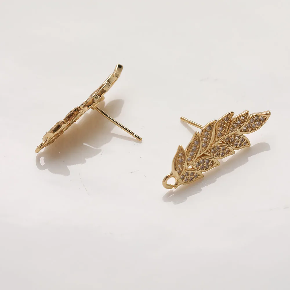 1Pair 14K Gold Plated Brass Leaf Earrings Inlaid Zirconia DIY Making Supplies Jewelry Material Accessories