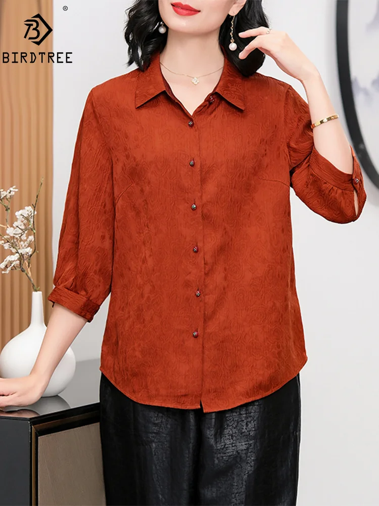 

BirdTree Watered Gauze, 100%Real Silk Elegant Shirt, Women Lapel Jacquard, OL Commute Retro Blouse, 2024 Summer New Top T44480QM