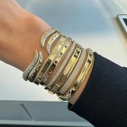 White Rainbow Cubic Zirconia CZ Gold Color Fashion Jewlery Spike Wave Band Open Cuff Bangle For Women