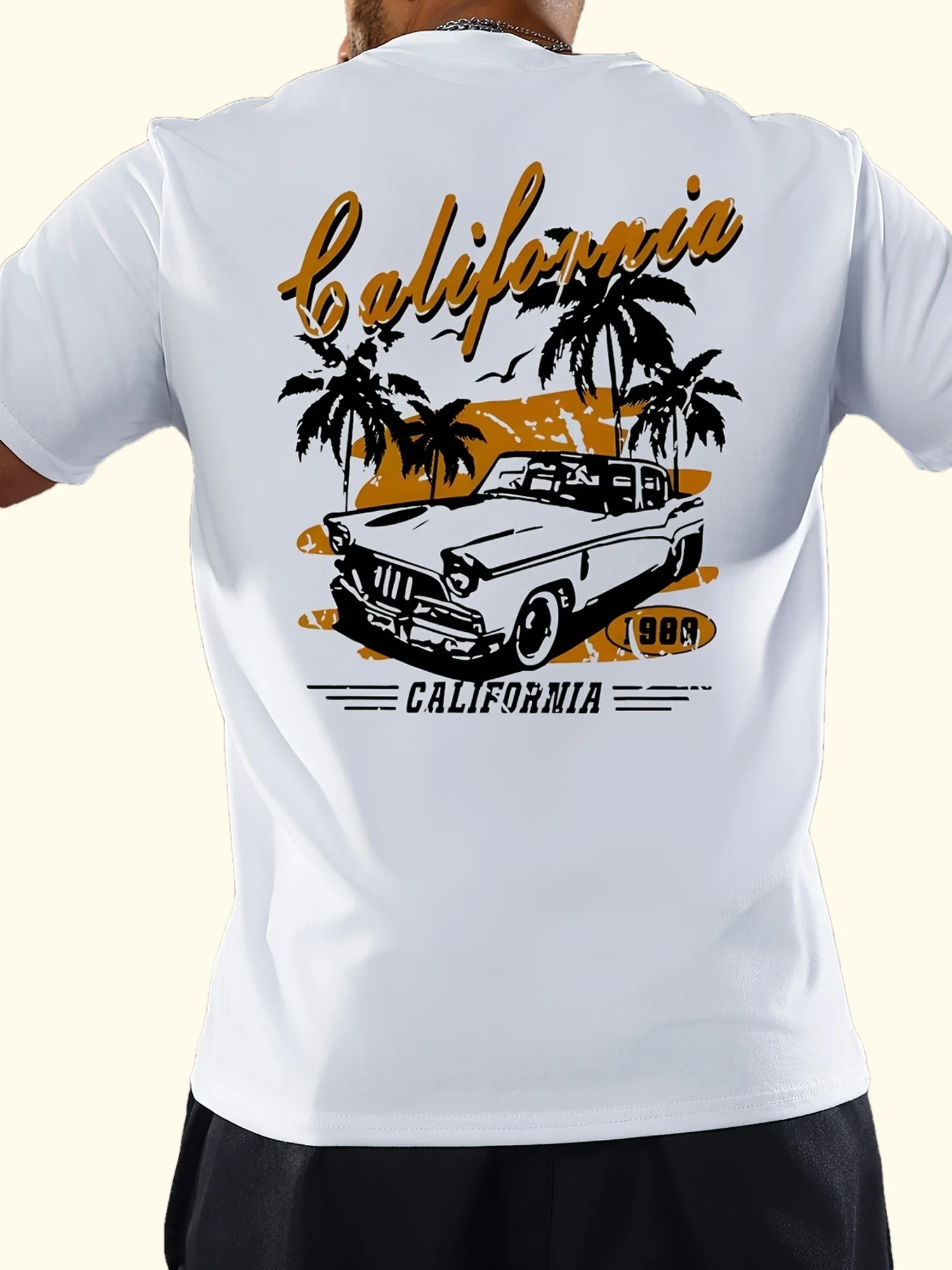 Retro California Vintage Car Graphic Tee with Palm Tree Accents 100% Cotton Men's T-shirt Summer West Coast Vacation Casual Top