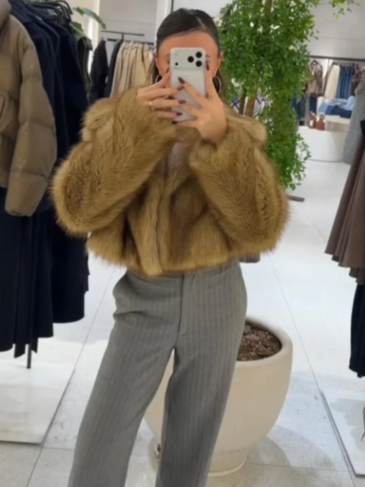 Straße Faux Pelz Kurze Frauen Mantel Elegante Lange Hülse Drehen-unten Kragen Taste Weibliche Outwear 2025, Herbst Winter Dame jacke Neue